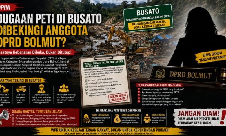 Ilustrasi aktivitas pertambangan di wilayah Busato, Kabupaten Bolaang Mongondow Utara, yang kembali menjadi sorotan publik terkait dugaan aktivitas PETI dan isu keterlibatan oknum tertentu di balik pengelolaan tambang.